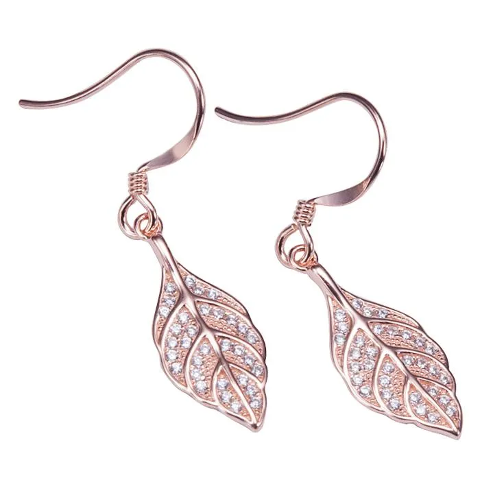 Sterling Silver Pink Gold Plated Maile Leaf Pave CZ Hook Earrings