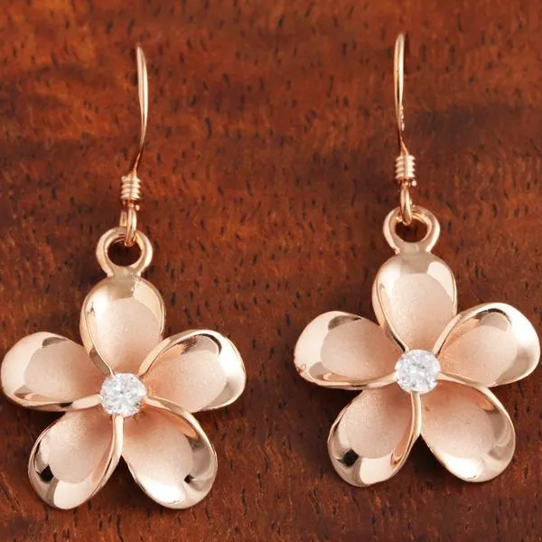 Sterling Silver Pink Gold Plated Plumeria with CZ Hook Earrings (10mm/15mm)
