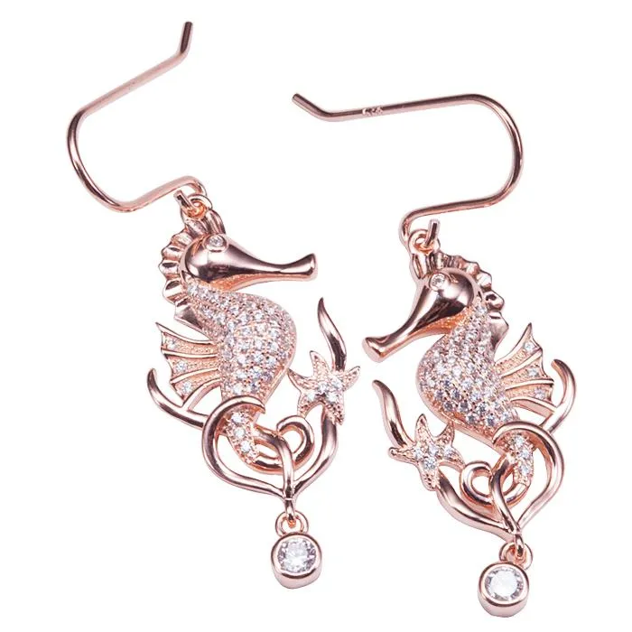 Sterling Silver Pink Gold Plated Seahorse Pave CZ Hook Earrings