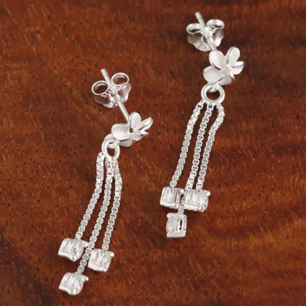 Sterling Silver Plumeria and Box Chain Three CZ Post Earrings