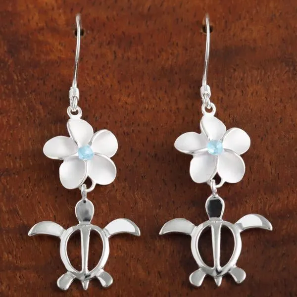 Sterling Silver Plumeria with Blue CZ and Honu (Hawaiian Turtle) Hook Earrings (M/L)