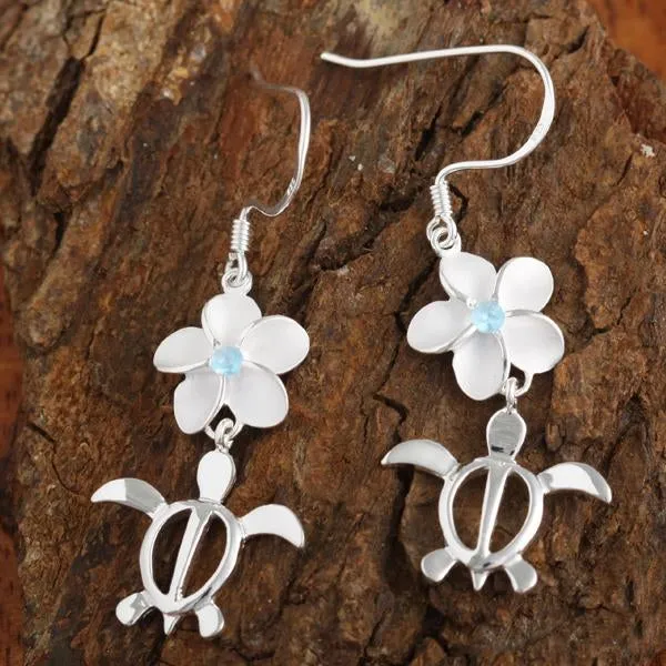 Sterling Silver Plumeria with Blue CZ and Honu (Hawaiian Turtle) Hook Earrings (M/L)
