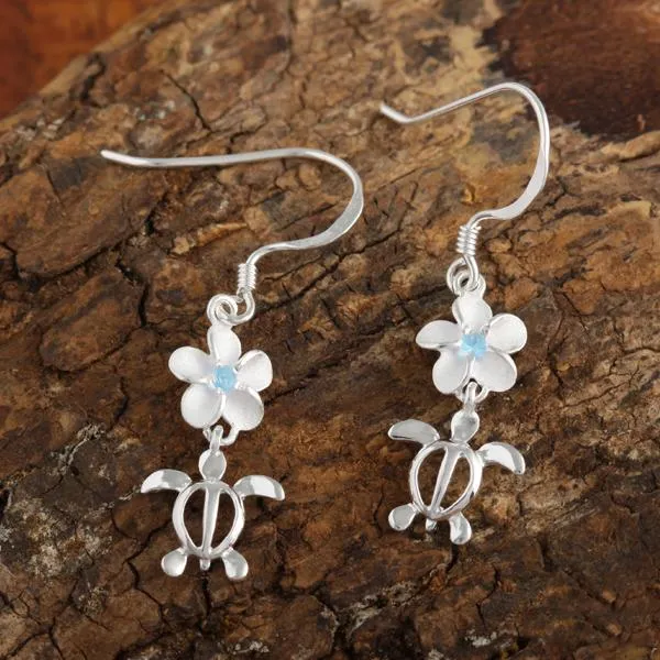 Sterling Silver Plumeria with Blue CZ and Honu (Hawaiian Turtle) Hook Earrings (M/L)