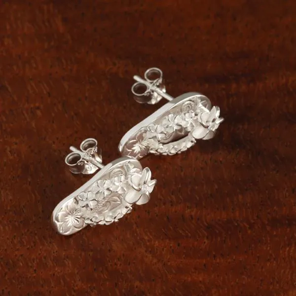Sterling Silver Plumeria with CZ Hawaiian Scroll Slipper Post Earrings