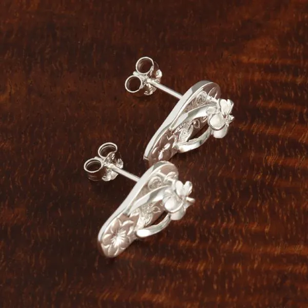 Sterling Silver Plumeria with CZ Hawaiian Scroll Slipper Post Earrings