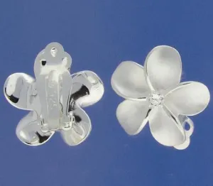 Sterling Silver Plumeria with CZ Sandblast Clip Earrings (18-25mm)
