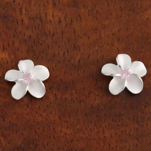 Sterling Silver Plumeria with Pink CZ Sandblast Post Earrings (6-18mm)