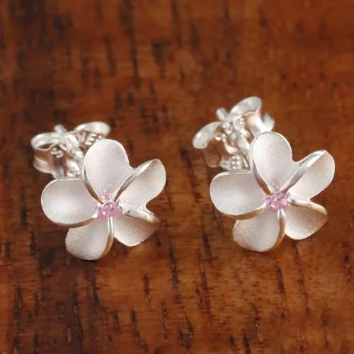 Sterling Silver Plumeria with Pink CZ Sandblast Post Earrings (6-18mm)