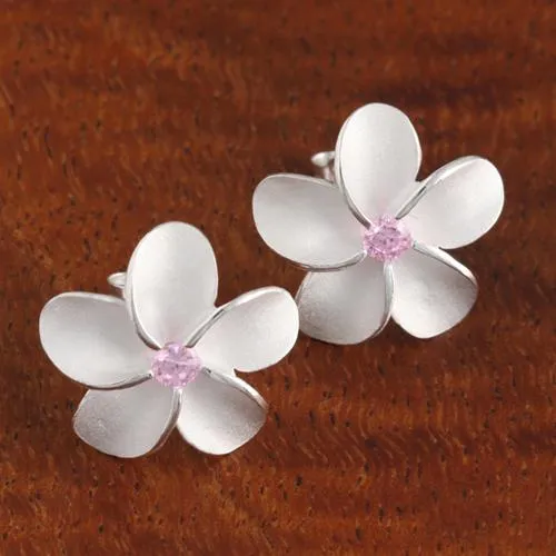 Sterling Silver Plumeria with Pink CZ Sandblast Post Earrings (6-18mm)