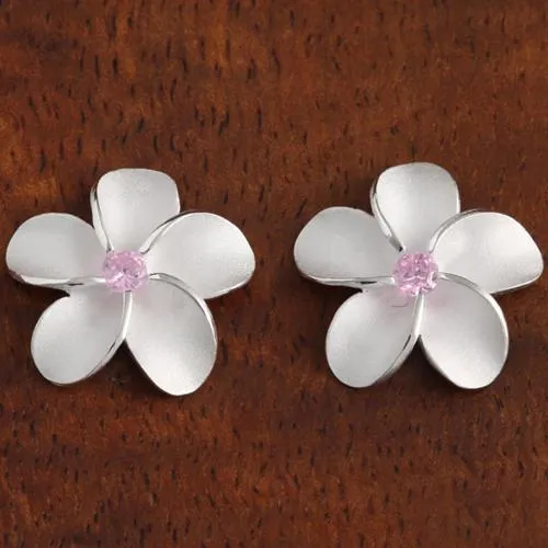 Sterling Silver Plumeria with Pink CZ Sandblast Post Earrings (6-18mm)