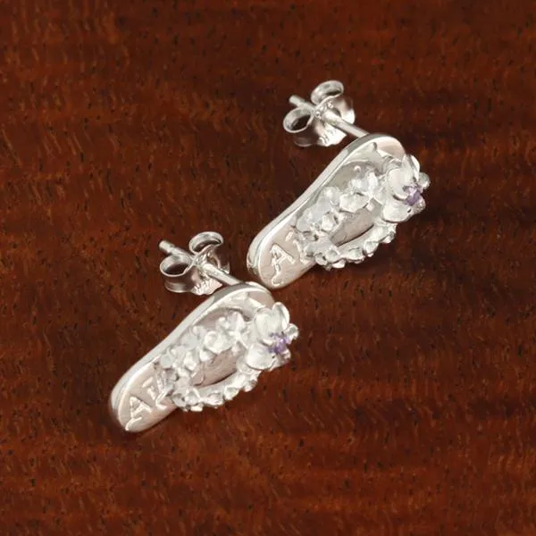 Sterling Silver Plumeria with Purple CZ ALOHA Slipper Post Earrings