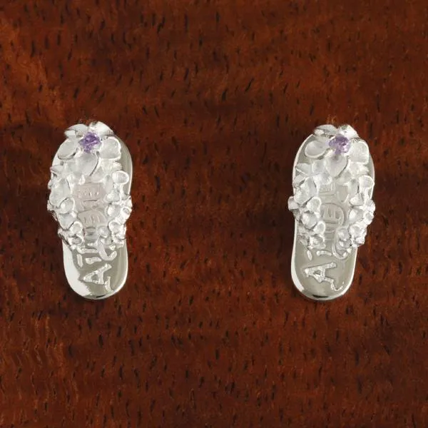 Sterling Silver Plumeria with Purple CZ ALOHA Slipper Post Earrings