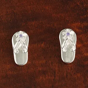 Sterling Silver Plumeria with Purple CZ Slipper Post Earrings
