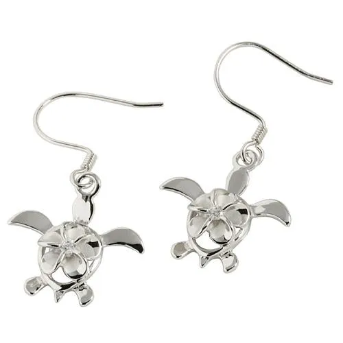 Sterling Silver Rhodium Plated 8mm Plumeria with CZ in Honu (Turtle) Hook Earrings