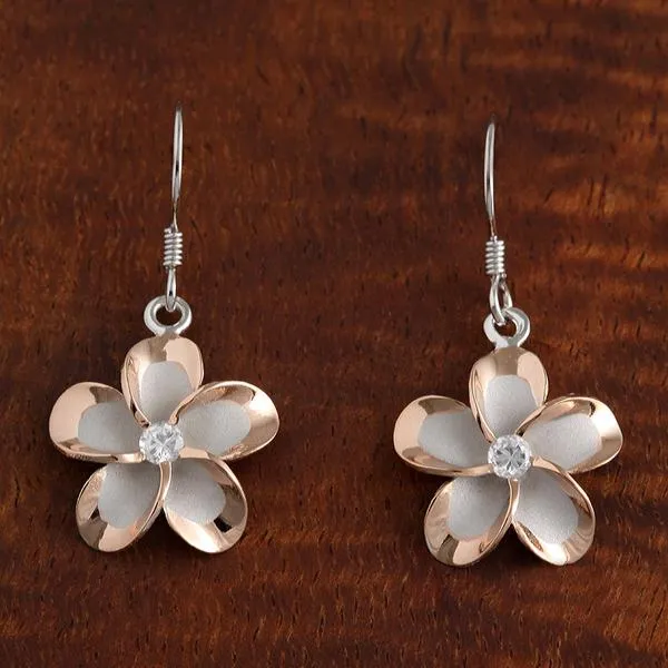 Sterling Silver Rhodium Two Tone Pink Gold Plated Plumeria with CZ Hook Earrings (8-18mm)