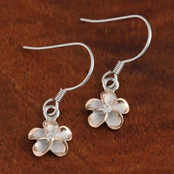 Sterling Silver Rhodium Two Tone Pink Gold Plated Plumeria with CZ Hook Earrings (8-18mm)