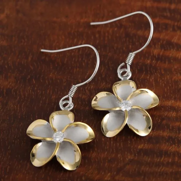 Sterling Silver Rhodium Two Tone Yellow Gold Plated Plumeria with CZ Hook Earrings (8-18mm)