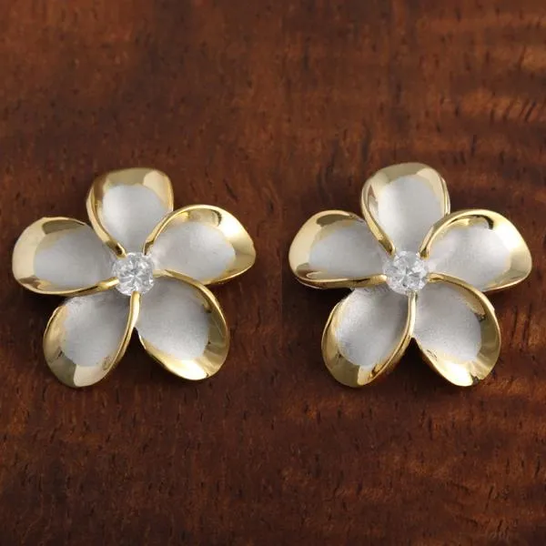 Sterling Silver Rhodium Two Tone Yellow Gold Plated Plumeria with CZ Post Earrings (8-18mm)
