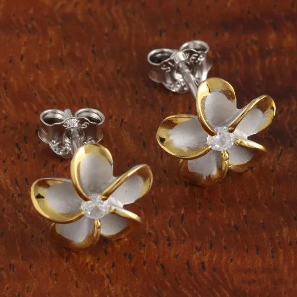 Sterling Silver Rhodium Two Tone Yellow Gold Plated Plumeria with CZ Post Earrings (8-18mm)
