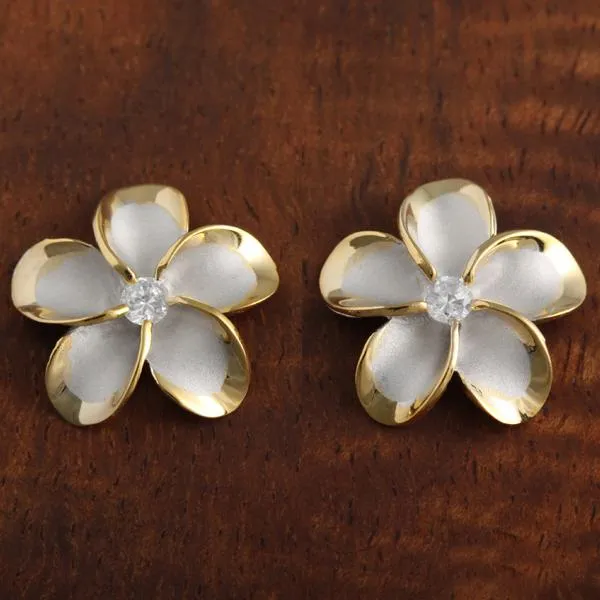 Sterling Silver Rhodium Two Tone Yellow Gold Plated Plumeria with CZ Post Earrings (8-18mm)