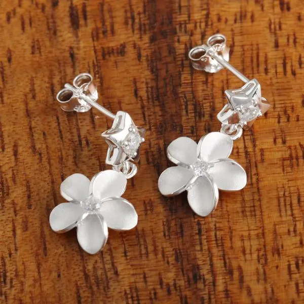 Sterling Silver Star and Plumeria with CZ Post Earrings