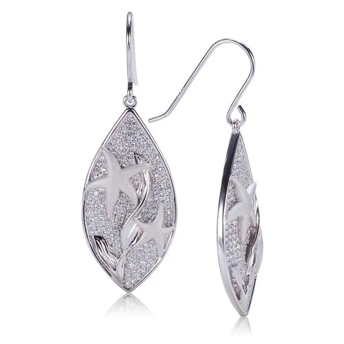 Sterling Silver Starfish in Leaf Pave CZ Hook Earrings