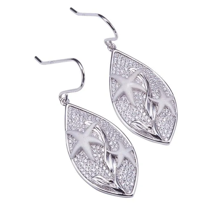 Sterling Silver Starfish in Leaf Pave CZ Hook Earrings