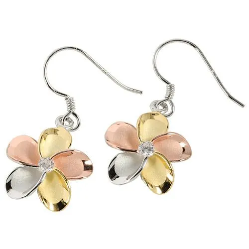Sterling Silver Tri-Color 15mm Plumeria with CZ Hook Earrings