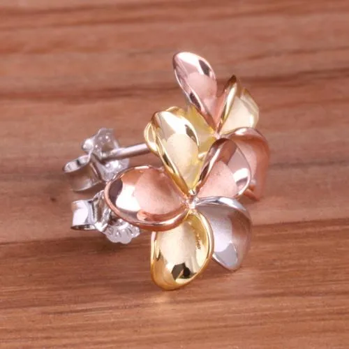 Sterling Silver Tri-Color Plumeria Post Earrings (8-18mm)