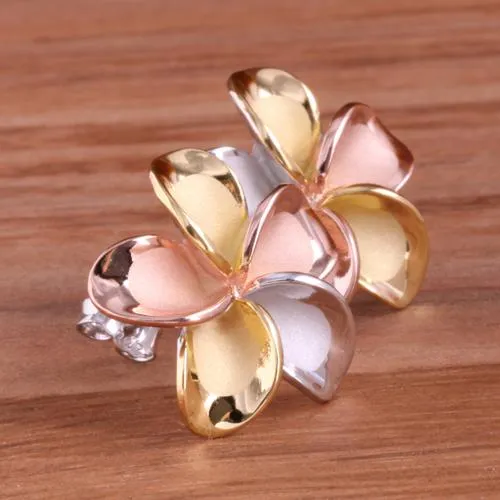 Sterling Silver Tri-Color Plumeria Post Earrings (8-18mm)