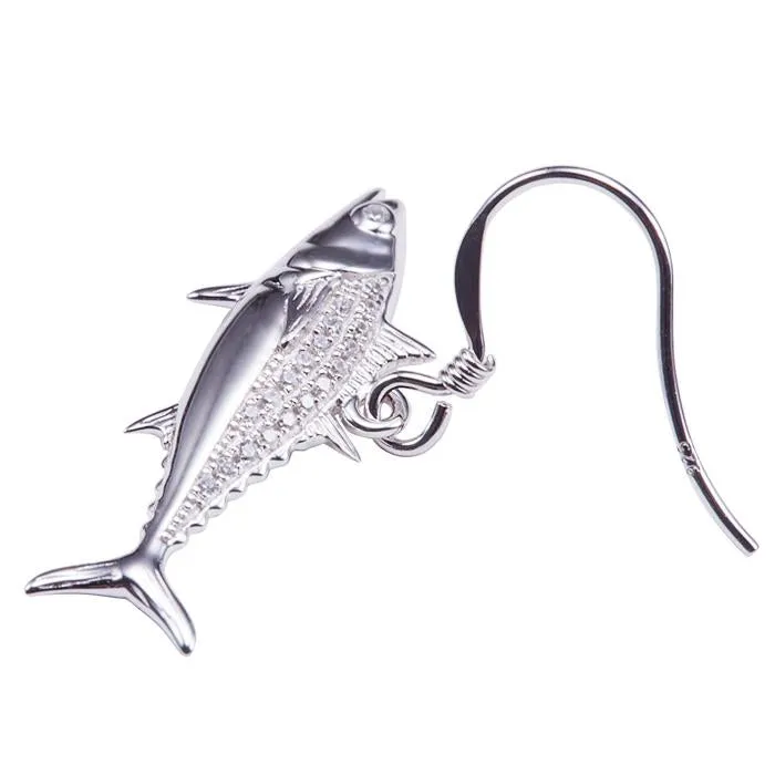 Sterling Silver Tuna Fish Pave CZ Hook Earrings