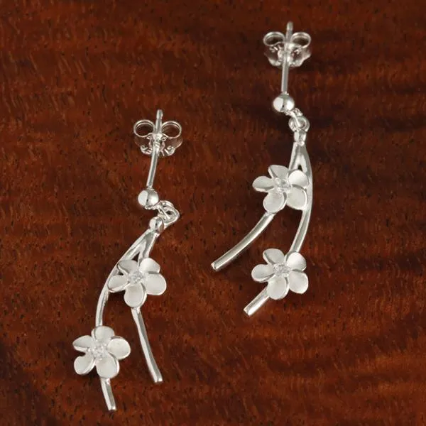 Sterling Silver Two Plumeria with CZ Wire and Bead Post Earrings