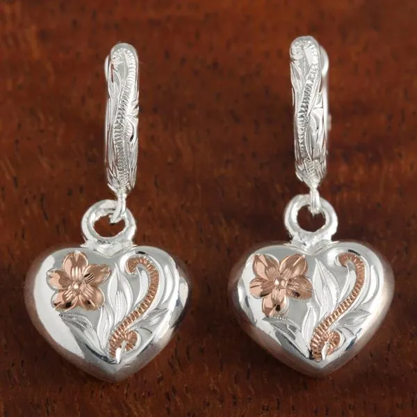 Sterling Silver Two Tone Pink Gold Plated Hawaiian Scroll Heart Wire Earrings
