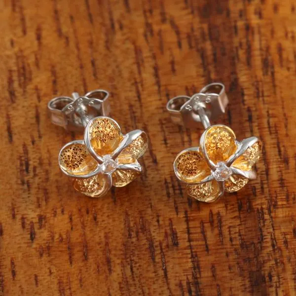 Sterling Silver Two Tone Yellow Gold Plated 15mm Plumeria with CZ Raised Sandblast Post Earrings