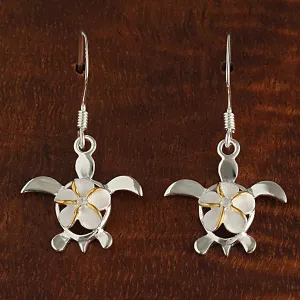 Sterling Silver Two Tone Yellow Gold Plated 8mm Plumeria with CZ on Honu (Hawaiian Turtle) Hook Earrings
