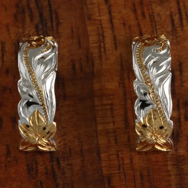 Sterling Silver Two Tone Yellow Gold Plated Hawaiian Scroll Cut Out Edge Half Moon Earrings (S/L)
