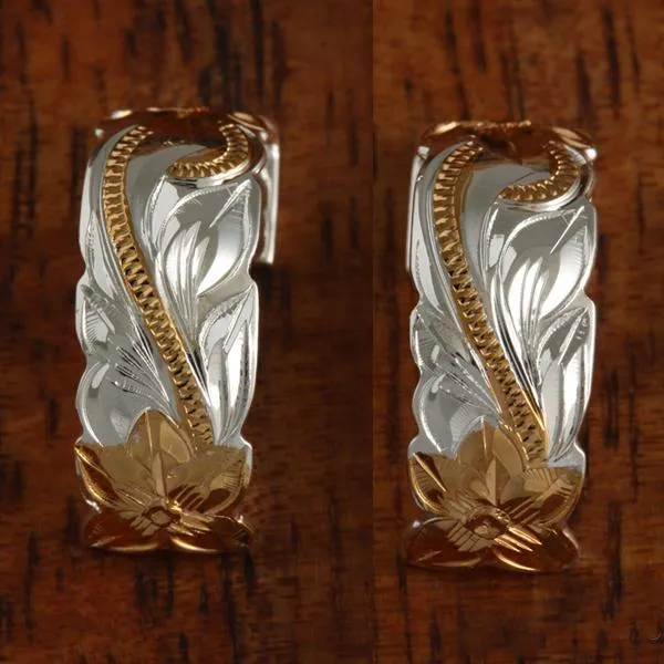 Sterling Silver Two Tone Yellow Gold Plated Hawaiian Scroll Cut Out Edge Half Moon Earrings (S/L)