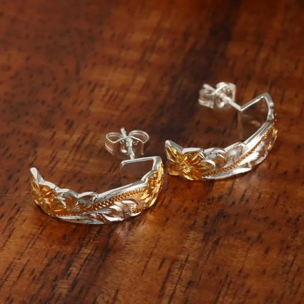Sterling Silver Two Tone Yellow Gold Plated Hawaiian Scroll Cut Out Edge Half Moon Earrings (S/L)