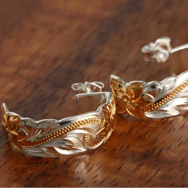 Sterling Silver Two Tone Yellow Gold Plated Hawaiian Scroll Cut Out Edge Half Moon Earrings (S/L)