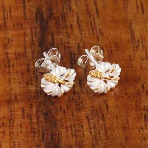Sterling Silver Two Tone Yellow Gold Plated Hibiscus Sandblast Post Earrings (6-15mm)