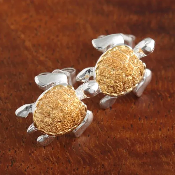 Sterling Silver Two Tone Yellow Gold Plated Honu (Hawaiian Turtle) Post Earrings