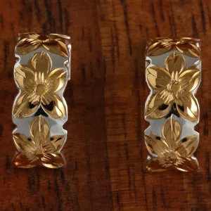 Sterling Silver Two Tone Yellow Gold Plated Plumeria Half Moon Earrings 8mm