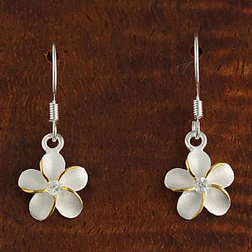 Sterling Silver Two Tone Yellow Gold Plated Plumeria with CZ Sandblast Hook Earrings (8-18mm)