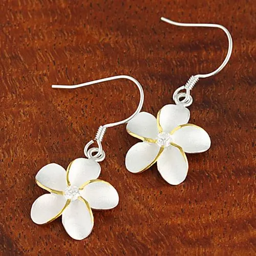 Sterling Silver Two Tone Yellow Gold Plated Plumeria with CZ Sandblast Hook Earrings (8-18mm)
