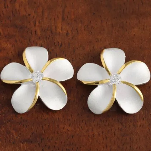Sterling Silver Two Tone Yellow Gold Plated Plumeria with CZ Sandblast Post Earrings (6-18mm)