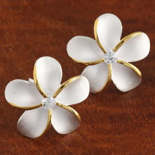 Sterling Silver Two Tone Yellow Gold Plated Plumeria with CZ Sandblast Post Earrings (6-18mm)