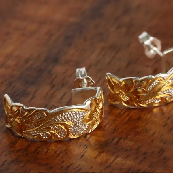 Sterling Silver Two Tone Yellow Gold Plated Queen Scroll Cut Out Edge Half Moon Earrings 8mm