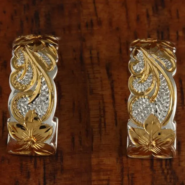Sterling Silver Two Tone Yellow Gold Plated Queen Scroll Cut Out Edge Half Moon Earrings 8mm