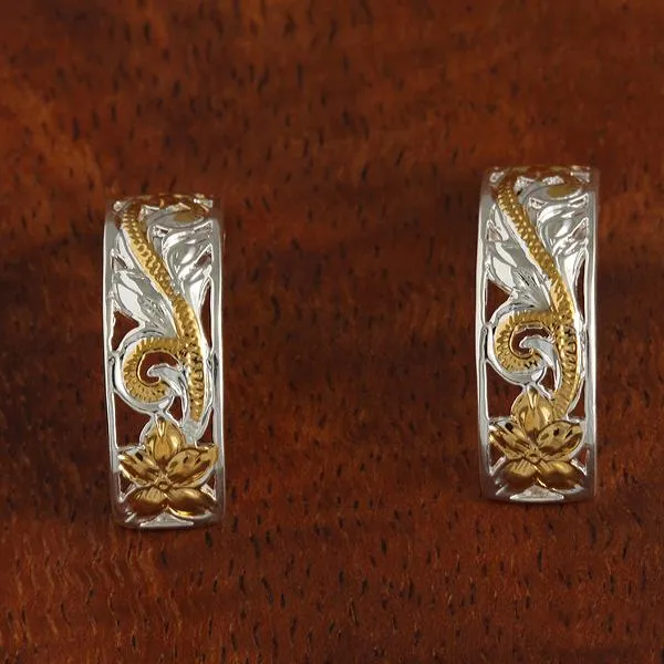 Sterling Silver Two Tone Yellow Gold Plated See Through Hawaiian Scroll Half Moon Earrings 8mm