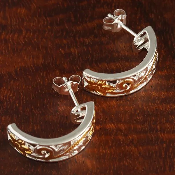 Sterling Silver Two Tone Yellow Gold Plated See Through Hawaiian Scroll Half Moon Earrings 8mm
